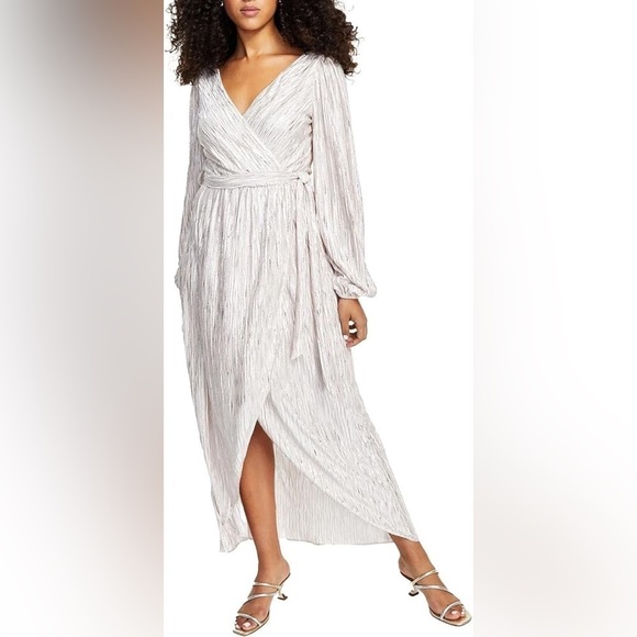 GUESS Beige Belted Tulip Skirt V-Back Long Sleeve Maxi Faux Wrap Dress - Picture 3 of 8